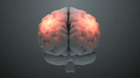 Medical theme 3d render brain with orange zones that symbolize damage or pain Illustrazione stock