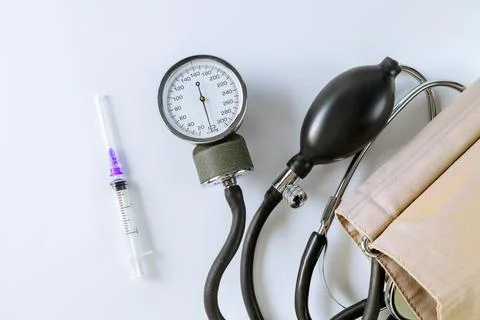Medical tools placed on flat surface for health monitoring during checkup i.. Stock Photos