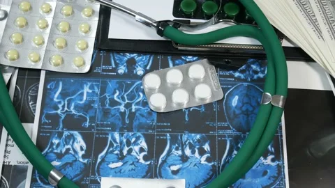 Medical tools with x-rays and pills on the table Video stock 87798997