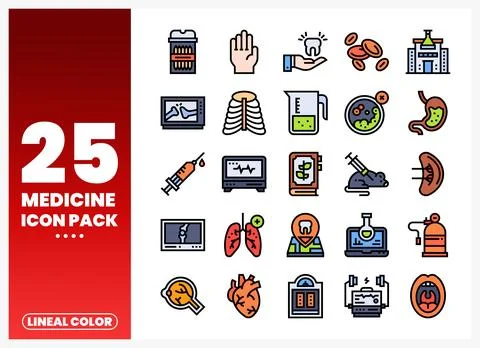 Medical vector icon pack with lineal color designs on white background. Stock Illustration