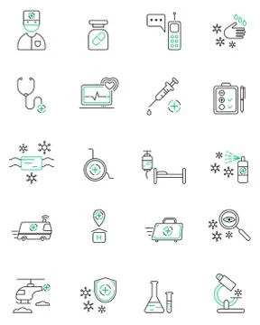 Medical vector icons set. Linear design medicine and health care. Stock Illustration