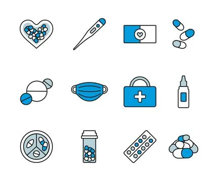 Medical vector set icons linear blue color hospital medication pills mask a.. Stock Illustration