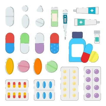 Medical vector set with pills, capsules, blisters, pharmacy bottle Stock Illustration
