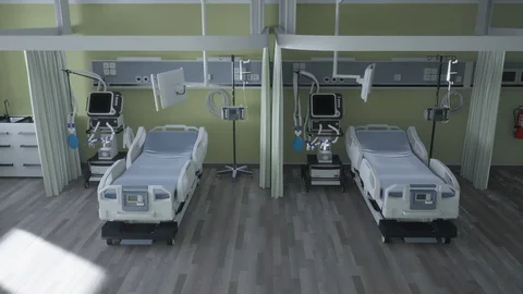 Medical ventilators for artificial lung ventilation and bed . 3D rendering. Stock Footage 129774932