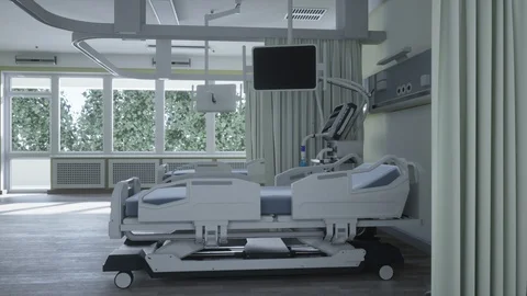 Medical ventilators for artificial lung ventilation and bed . 3D rendering. Stock Footage 129774939