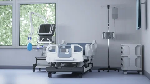 Medical ventilators for artificial lung ventilation and bed . 3D rendering. Stock Footage 129775831