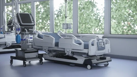 Medical ventilators for artificial lung ventilation and bed . 3D rendering. Stock Footage 129775883