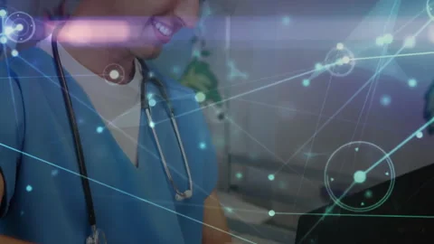 Medical worker displaying chart while network graph animating noting then Video stock 312694796