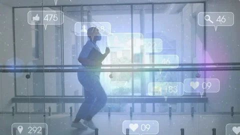 Medical worker entering from left, delivering folders while social icons and Stock Footage 334728543