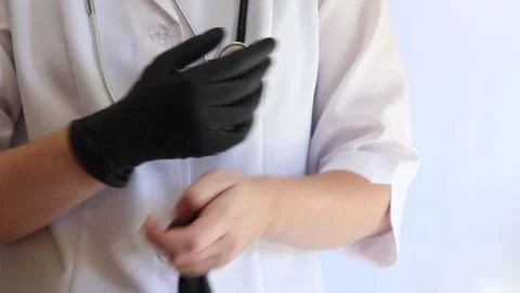 A medical worker puts on a black nitrile glove 库存影片 346158837