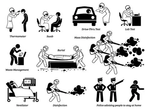 Medical workers checking and testing people for virus infection. Mass disinfe Stock Illustration
