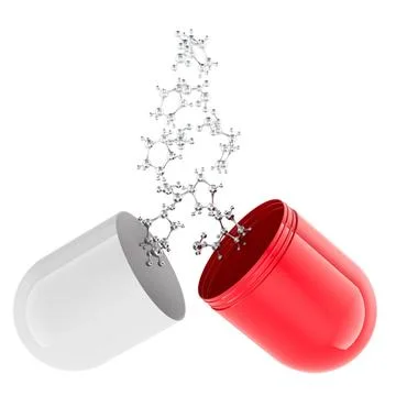 Medicament capsule with atomic structure of medicament. Research and disco... Stock Photos