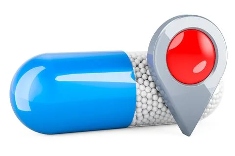 Medicament capsule with map pointer. 3D rendering 库存插图