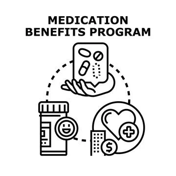 Medication benefits program offering health and drug benefits Illustrazione stock