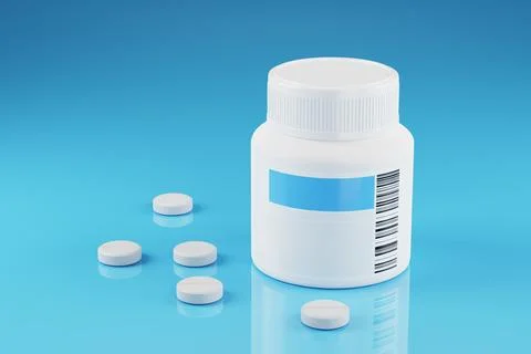Medication cost. Pills with packaging on a blue table. Treatment with table.. Stock Illustration