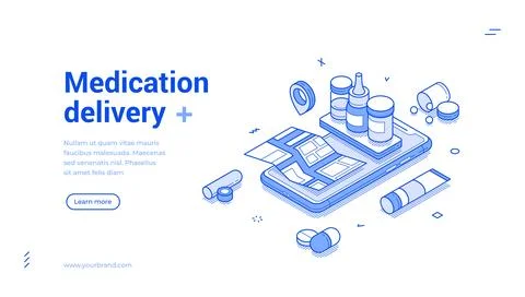 Medication delivery isometric web banner template. Online pharmacy service an Stock Illustration