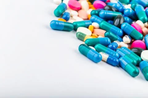 Medication with different types and colours. Tablets and pils Foto stock