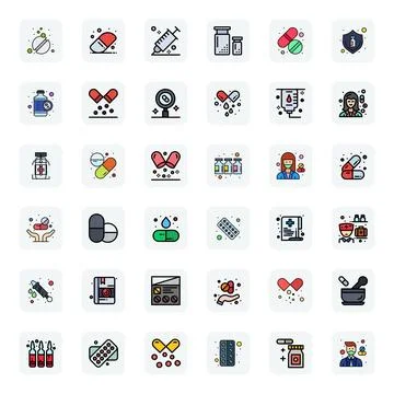 Medication Exclusive Vector Set featuring 36 LineFilled Display Perfect Ret.. Stock Illustration