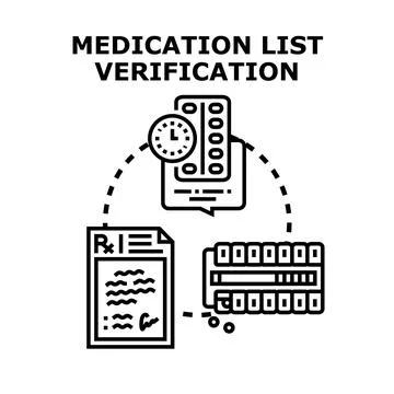 Medication list verification checking prescription and dosage Stock Illustration