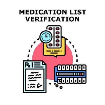 Medication list verification checking prescription and dosage Stock Illustration