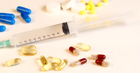 Medication pills syringe injection Stock Footage 142489898