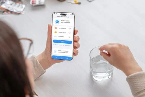 Medication reminder app on smartphone screen, concept of digital healthcare.. Foto stock