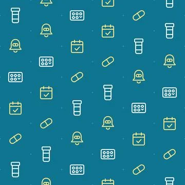 Medication reminder seamless pattern with yellow and white line icons of Stock Illustration