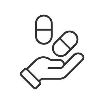 Medication supply icon in line design. medication supply, pill handover, drug Illustrazione stock