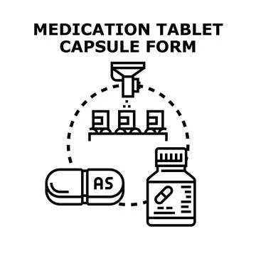 Medication tablet capsule form manufacturing process concept Stock Illustration