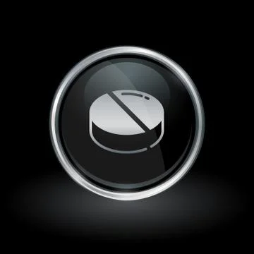 Medication tablet icon inside round silver and black emblem Stock Illustration