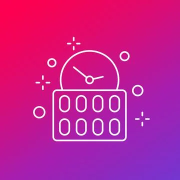 Medication time thin line icon with pills Stock Illustration