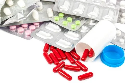 Medications pills on white background. Stock Photos