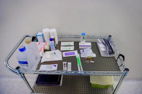 Medications prepared for surgery on the operating table. Stock Photos