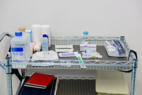 Medications prepared for surgery on the operating table. Stock Photos