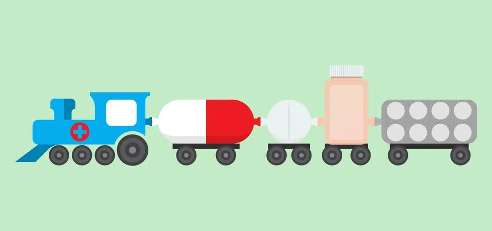 Medications train vector concept. Pill bottle, drugs blister and pill in flat Stock Illustration
