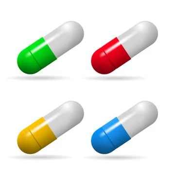 Medicinal capsules. Set of capsules of different colors on a white background Stock Illustration