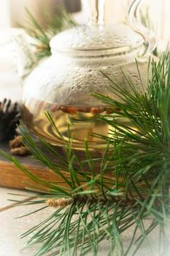 Medicinal decoction with pine buds, vertical image Stock Photos