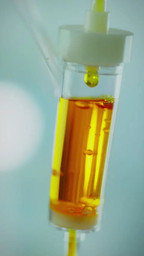 Medicinal liquid drips slowly from iv bag into transfusion system in clinica Stock Footage 331666146