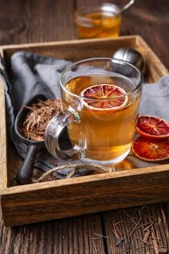 Medicinal Pau d'Arco bark tea also known as Lapacho in a glass cup Stock Photos