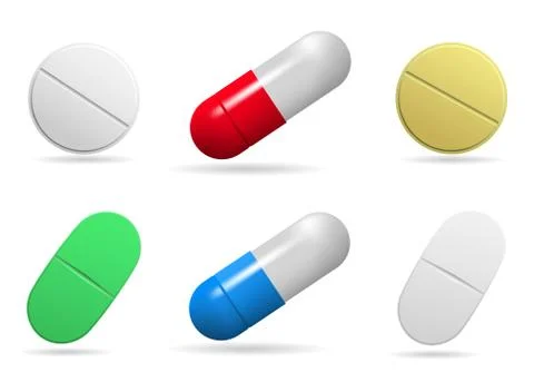 Medicinal tablets. Set of oval, round and capsules tablets of different colors Stock Illustration