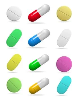 Medicinal tablets. Set of oval, round and capsules tablets of different colors Stock Illustration