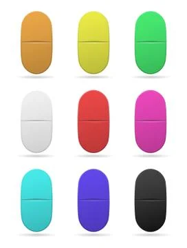 Medicinal tablets. Set of oval tablets of different colors. Isolated objects on Stock Illustration
