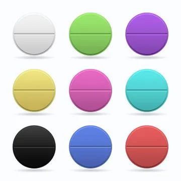 Medicinal tablets. Set of round flat tablets of different colors. Isolated Stock Illustration