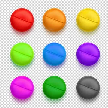 Medicinal tablets. Set of round flat tablets of different colors. Isolated Stock Illustration