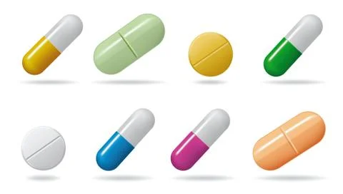 Medicinal tablets. Set tablets of different colors. Isolated objects on white Stock Illustration