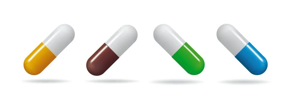 Medicinal tablets. Set tablets of different colors. Isolated objects on white Stock Illustration
