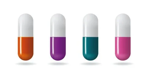 Medicinal tablets. Set tablets of different colors. Isolated objects on white Stock Illustration