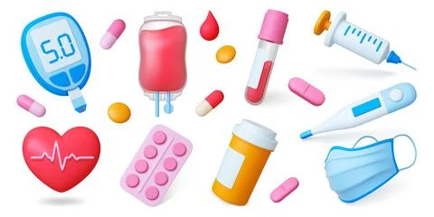 Medicine 3d elements. Pills, test tube with blood, heart and diabetic tool 스톡 일러스트