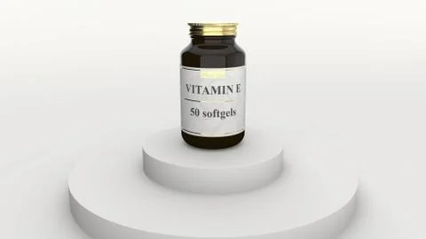 Medicine bottle with generic vitamin E softgels and fictional logo. Healthy Stock Illustration