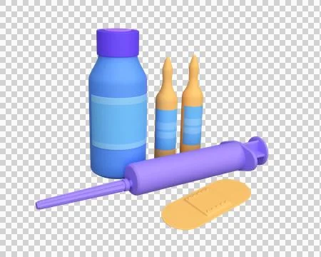 Medicine bottle with pills, a patch and a syringe Stock Illustration